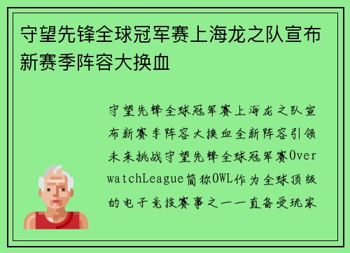 守望先锋全球冠军赛上海龙之队宣布新赛季阵容大换血